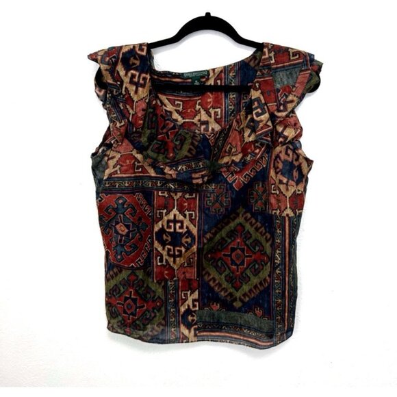 VTG Lauren Ralph Lauren Brown Colorful Aztec Native Ruffle Blouse Sleeveless M - Picture 1 of 10